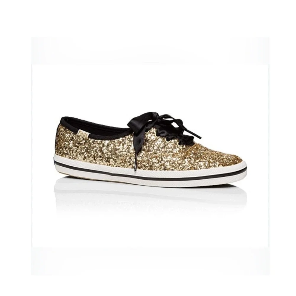 Keds X Kate Spade New York Women Gold Glitter Lace-Up Sneakers Black Lace Size 8